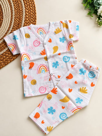 Half sleeve Muslin Co ord- Rainbow Doodle Print