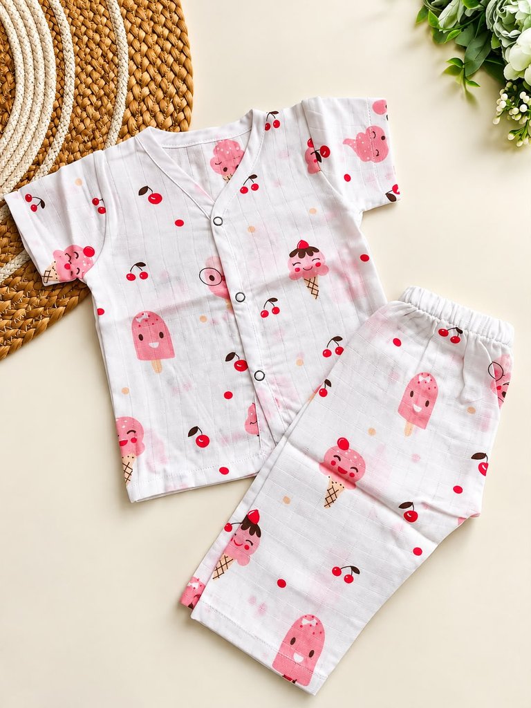 Half sleeve Muslin Co ord- Ice Cream & Cherry