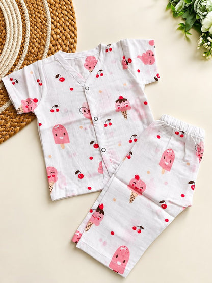 Half sleeve Muslin Co ord- Ice Cream & Cherry