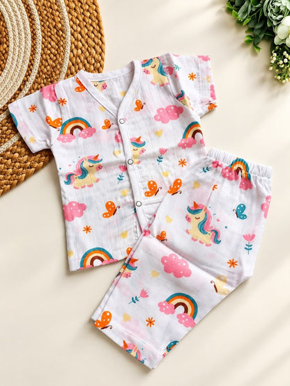 Half sleeve Muslin Co ord- Rainbow Unicorn