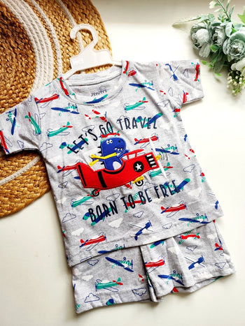 Co ords- Grey Airplane Dinosaur Print