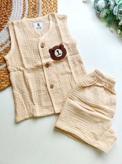 Crochet Embellished Co ord sets - Beige Bear Patch