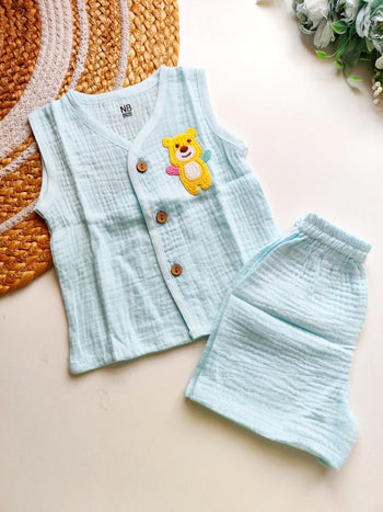 Crochet Embellished Co ord sets - Sky Blue Bear