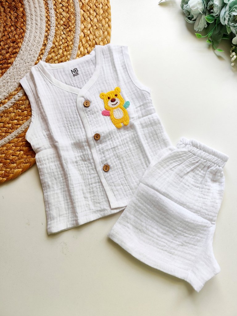 Crochet Embellished Co ord sets - White Teddy Bear
