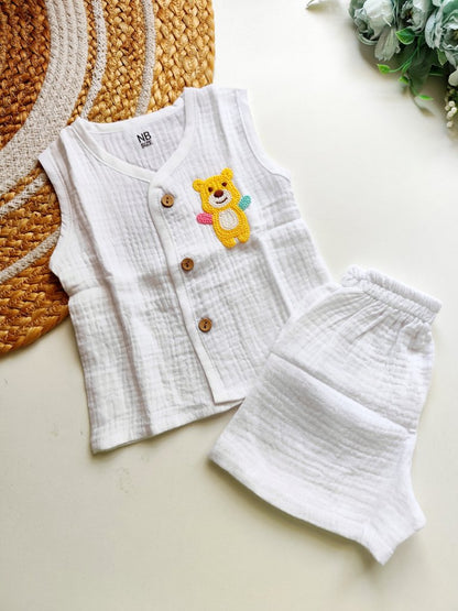 Crochet Embellished Co ord sets - White Teddy Bear
