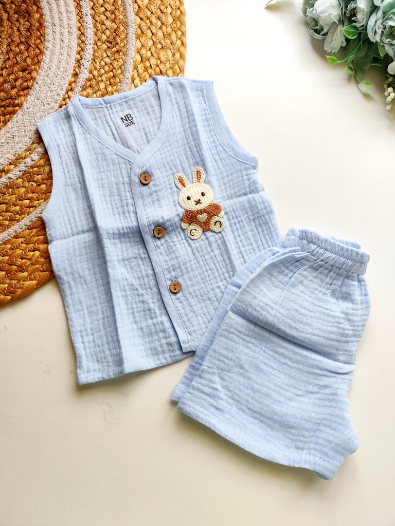 Crochet Embellished Co ord sets - Baby Blue Bunny