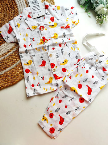 Collared Muslin Co Ord- Red & Yellow Birds