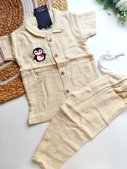 Collared Muslin Co Ord- Butter Yellow Penguin
