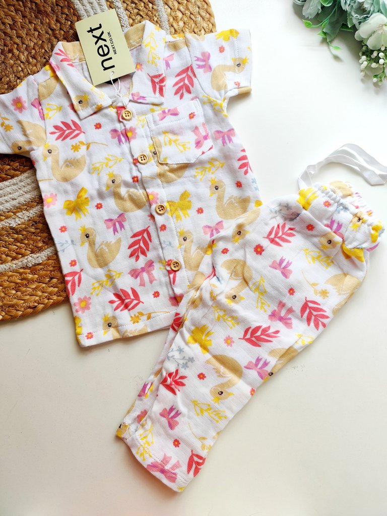 Collared Muslin Co Ord- Swan Print