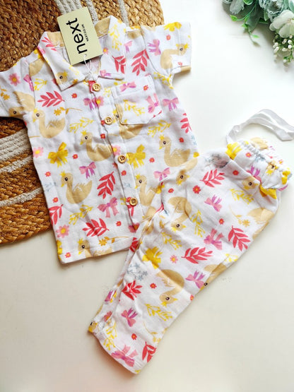 Collared Muslin Co Ord- Swan Print