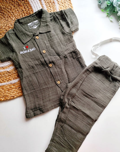 Collared Muslin Co Ord- Olive Green