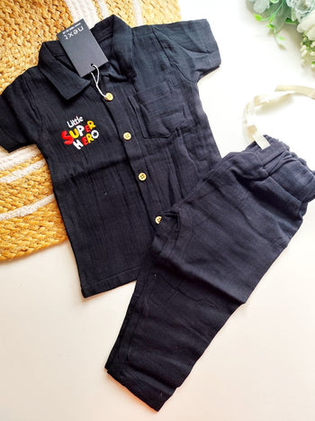 Collared Muslin Co Ord- Black Little Superhero