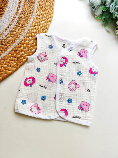 Crinkled Muslin Jablas- Pink Bear Print