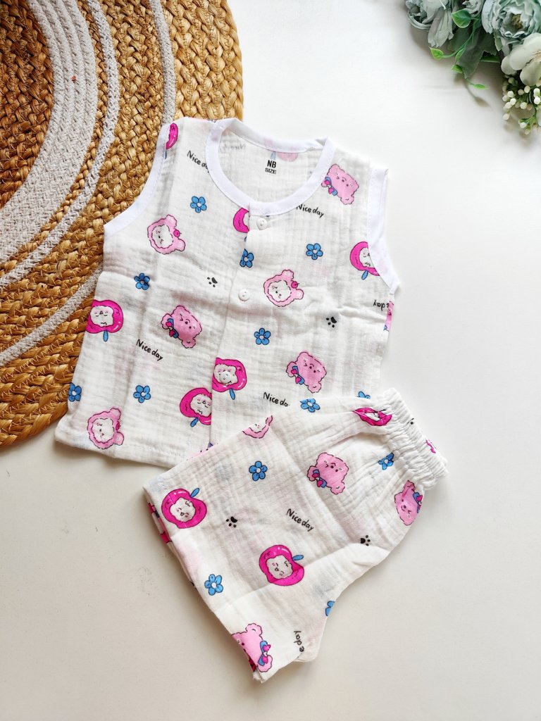 Crinkled Muslin Co ords- Pink Bear Print