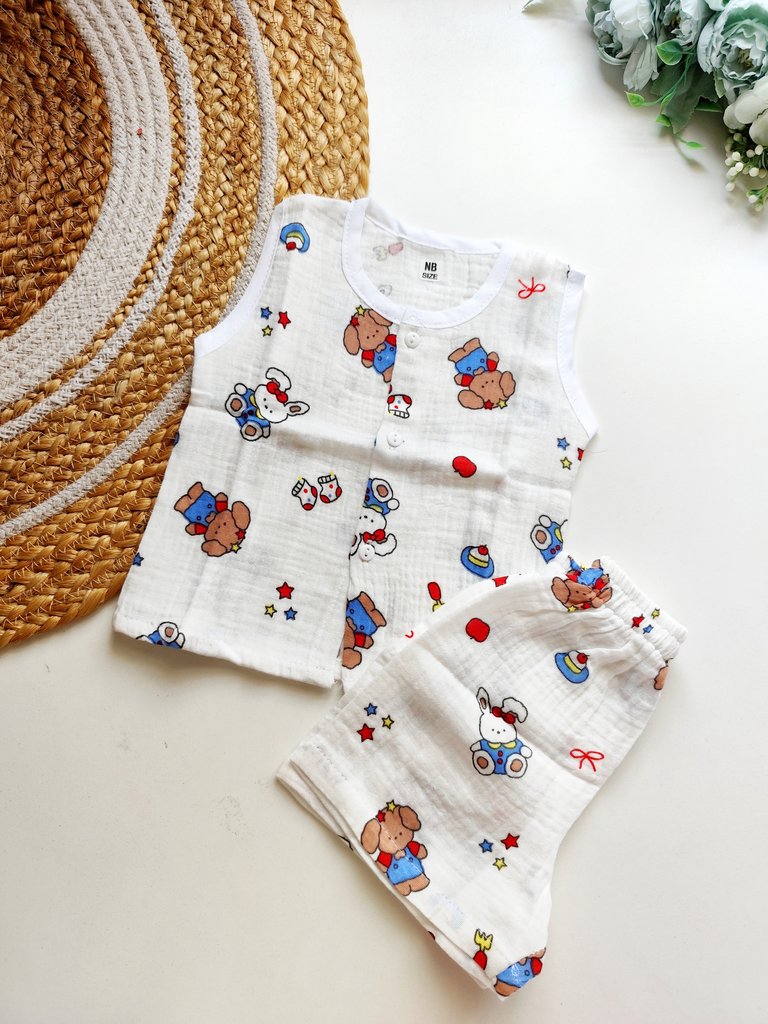 Crinkled Muslin Co ords- Playful Pup & Bunny Print