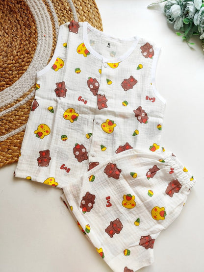 Crinkled Muslin Co ords- Cute Bear & Chick Print
