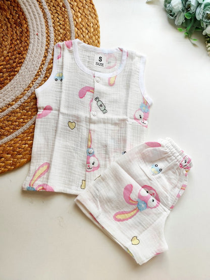 Crinkled Muslin Co ords- Pink Bunny Print