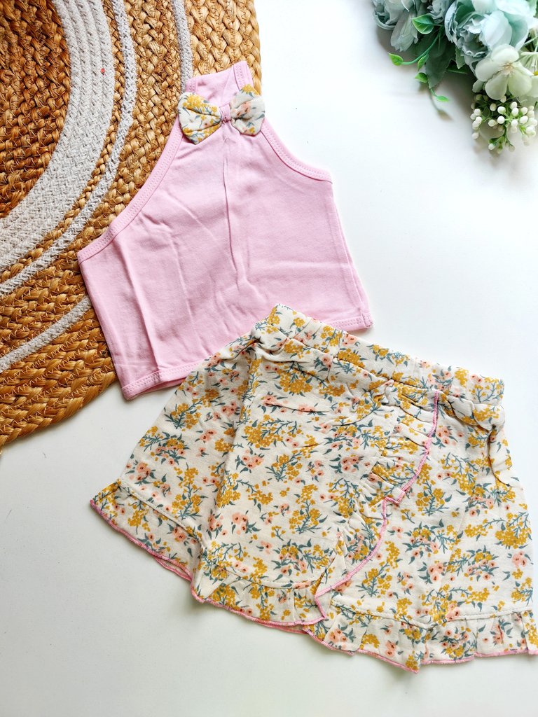 Crop Top & skrit  - Pink and Yellow Floral