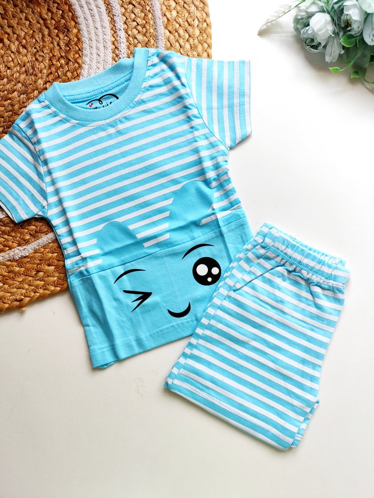 Co ords  - Sky Blue Striped Cute Face