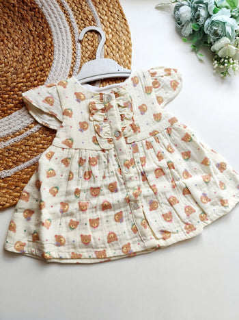 Ethnic Muslin Frocks- Cream Teddy Bear Print