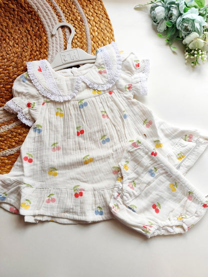 Ethnic Muslin Frocks- Multicolor Cherry Print