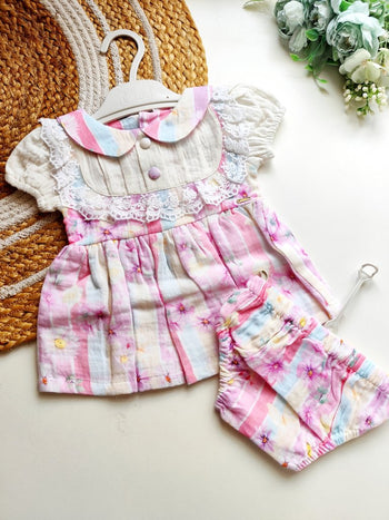 Ethnic Muslin Frocks- Pastel Pink Floral Stripes
