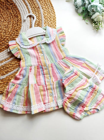 Ethnic Muslin Frocks- Pastel Multicolored Stripes