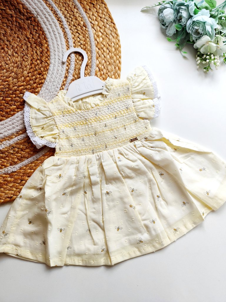 Ethnic Muslin Frocks- Pastel Yellow Bee Print