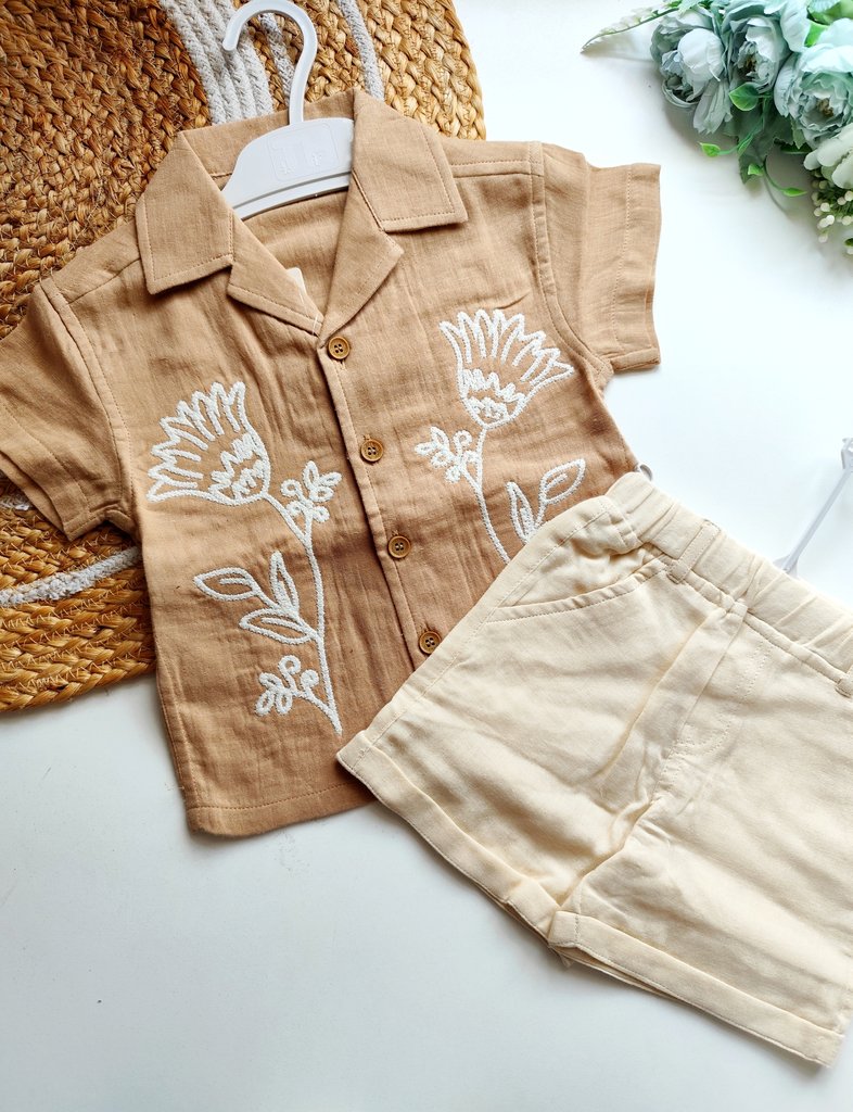 Co ord set- Beige Floral Embroidered