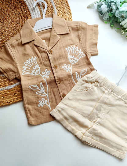 Co ord set- Beige Floral Embroidered