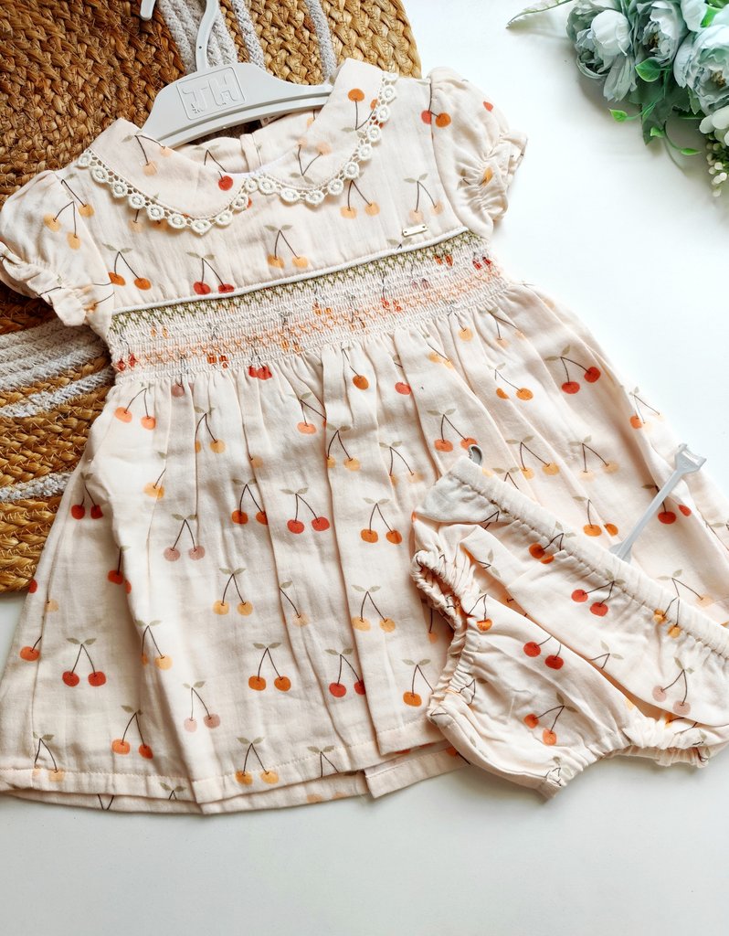 Ethnic Muslin Frocks- Peach Cherry Print