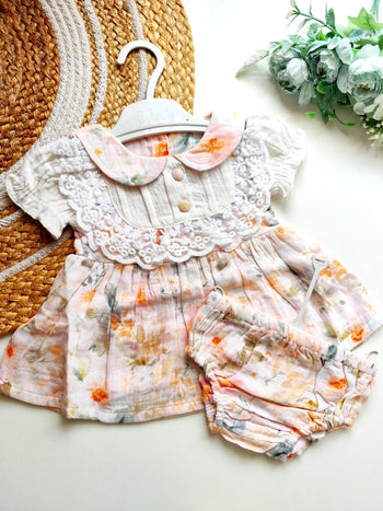 Ethnic Muslin Frocks- Pastel Peach Floral