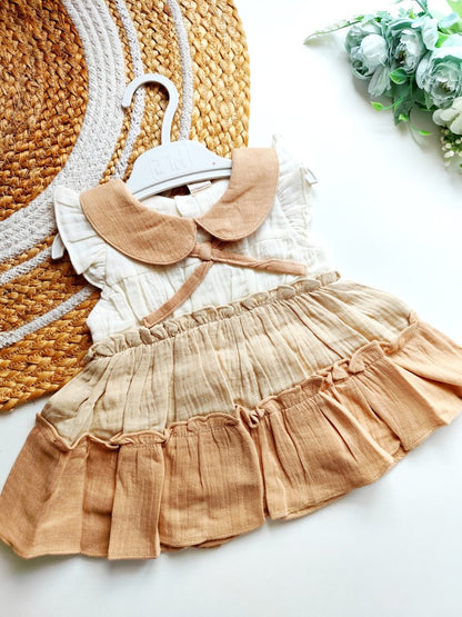 Ethnic Muslin Frocks- Beige & Caramel Tiered