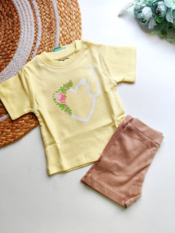 Co ords  - Light Yellow Floral Heart Stethoscope