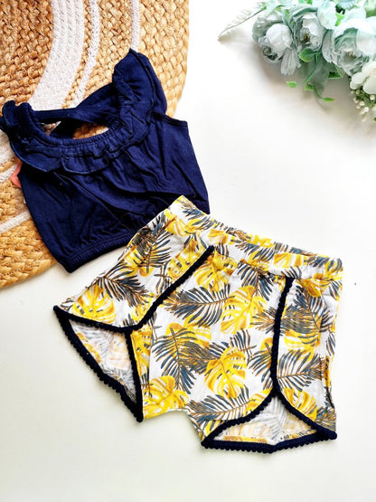 Crop top and bottom sets- Navy Blue and Yellow Tropical Print