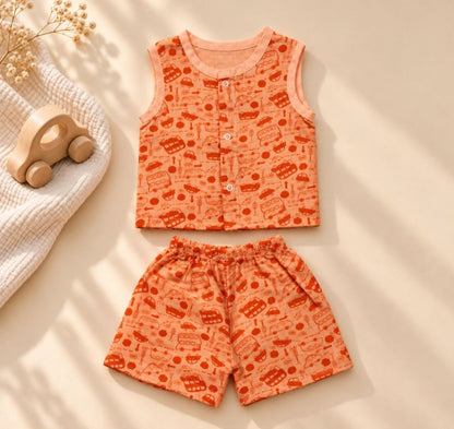 Muslin Co ords- Rust Orange Vehicle Print