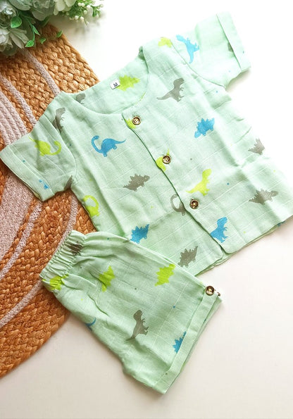 Double Layered Muslin Co ord- Mint Dinosaur