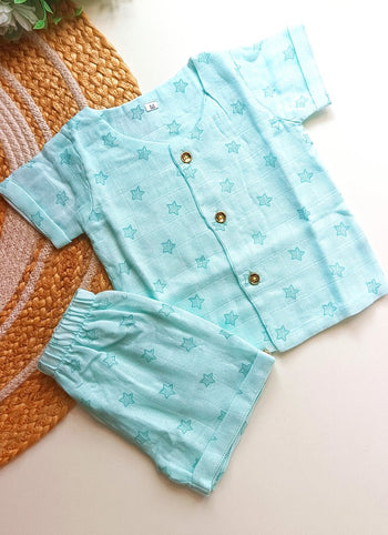Double Layered Muslin Co ord- Aqua Star Print