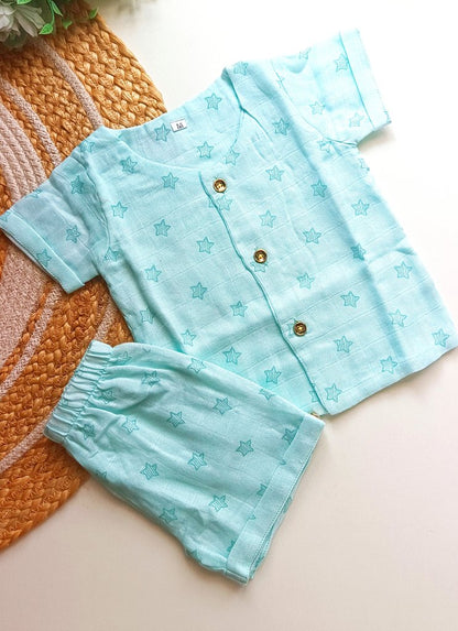 Double Layered Muslin Co ord- Aqua Star Print