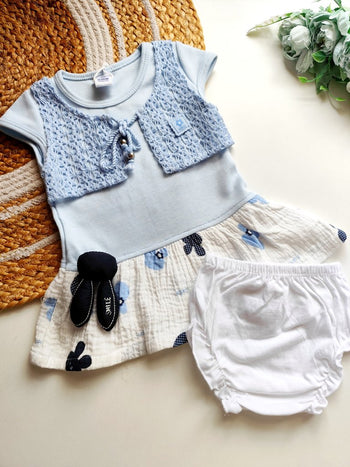 Frocks with bloomers- Sky Blue Floral with Lace Vest