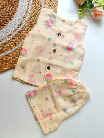 Double Layered Sleeveless Muslin Co ord- Pastel Fairy Tale