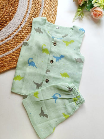 Double Layered Sleeveless Muslin Co ord- Mint Green Dinosaur