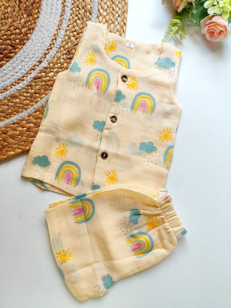 Double Layered Sleeveless Muslin Co ord- Sunshine Rainbow