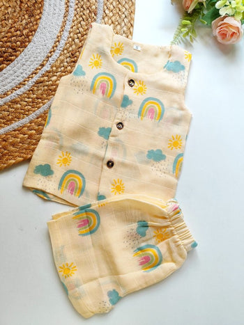 Double Layered Sleeveless Muslin Co ord- Sunshine Rainbow