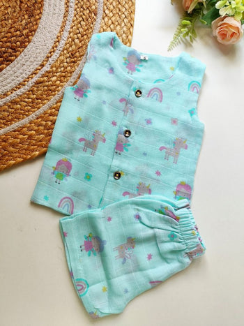 Double Layered Sleeveless Muslin Co ord- Aqua Fairy & Unicorn