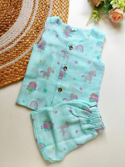 Double Layered Sleeveless Muslin Co ord- Aqua Fairy & Unicorn