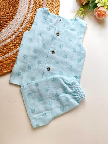 Double Layered Sleeveless Muslin Co ord- Sky Blue Star Print