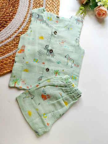 Double Layered Sleeveless Muslin Co ord- Mint Safari