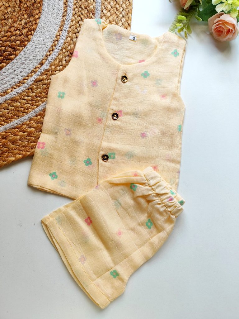 Double Layered Sleeveless Muslin Co ord- Pastel Yellow Floral