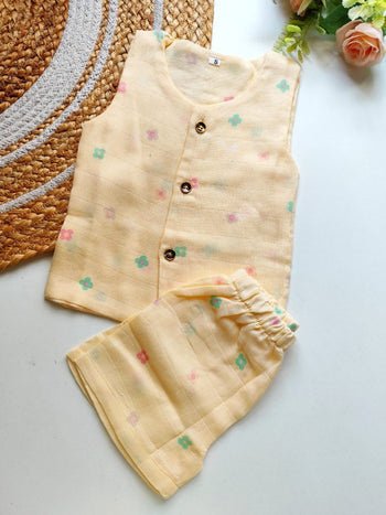 Double Layered Sleeveless Muslin Co ord- Pastel Yellow Floral